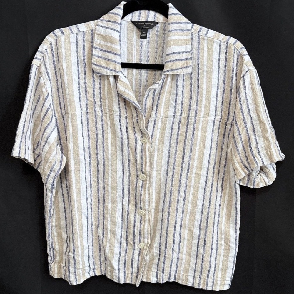Banana Republic Shirt M Tan Coastal Striped Linen Blend Short Sleeve Button Up
